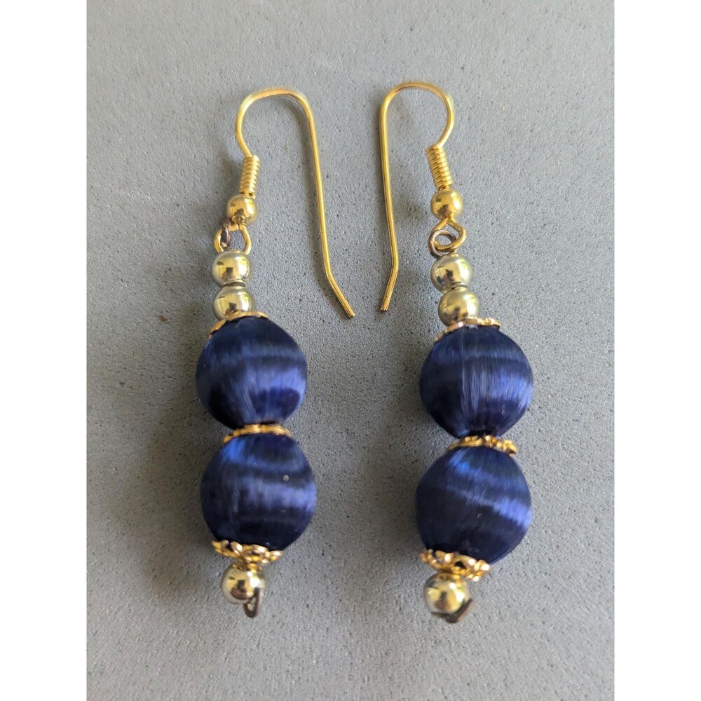 Navy Blue Silk Thread Wrapped Bead Dangle Earrings Gold Tone Boho Jewelry